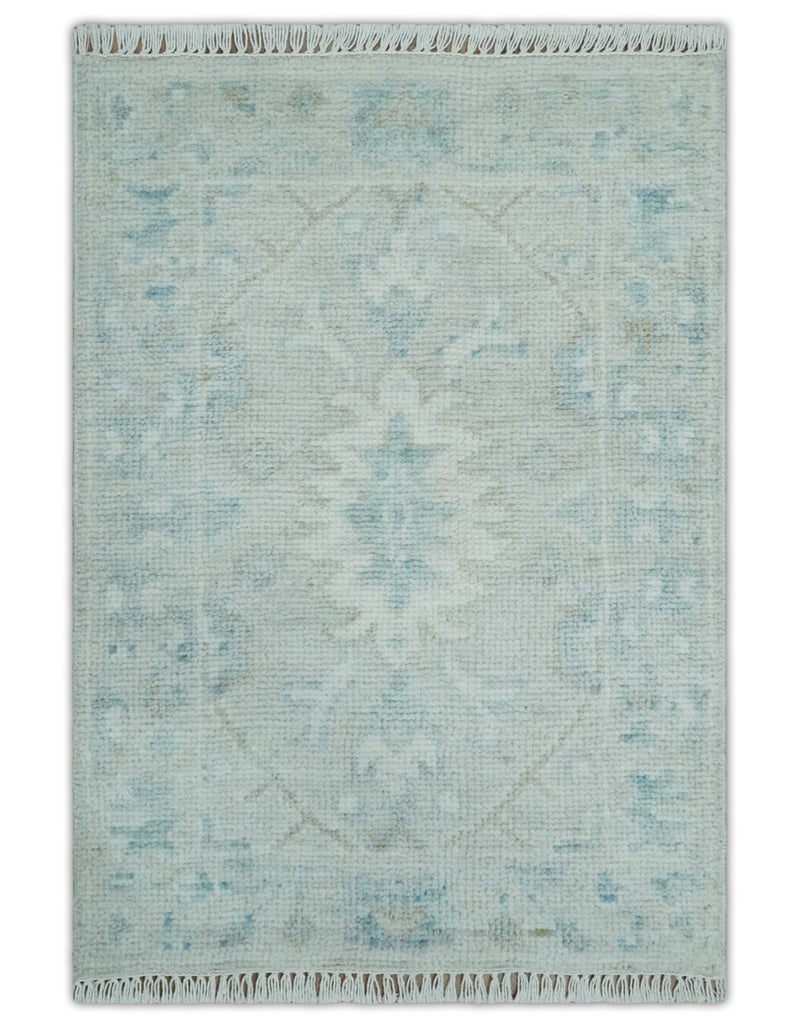 2x3 Hand Knotted Silver, Teal and Brown Heriz Serapi Wool Rug