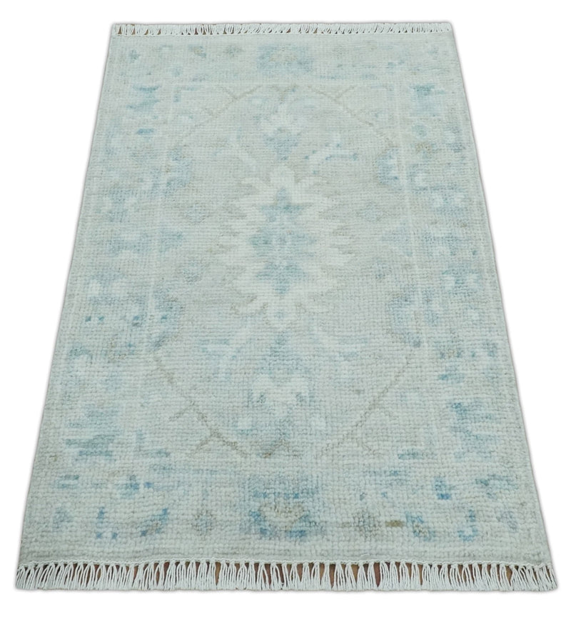2x3 Hand Knotted Silver, Teal and Brown Heriz Serapi Wool Rug