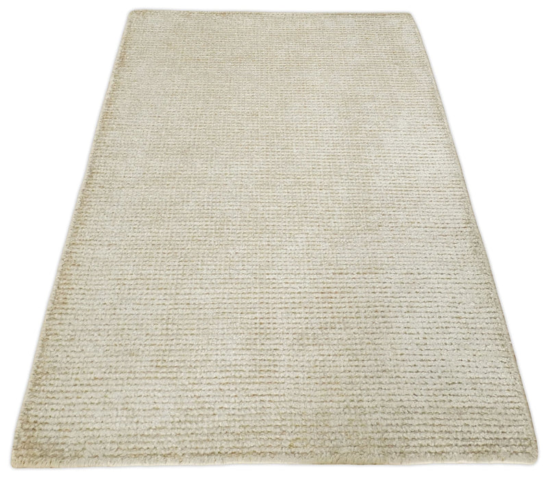 2x3 Hand Knotted Solid Beige Rug, Low Pile, No Shedding | N6023