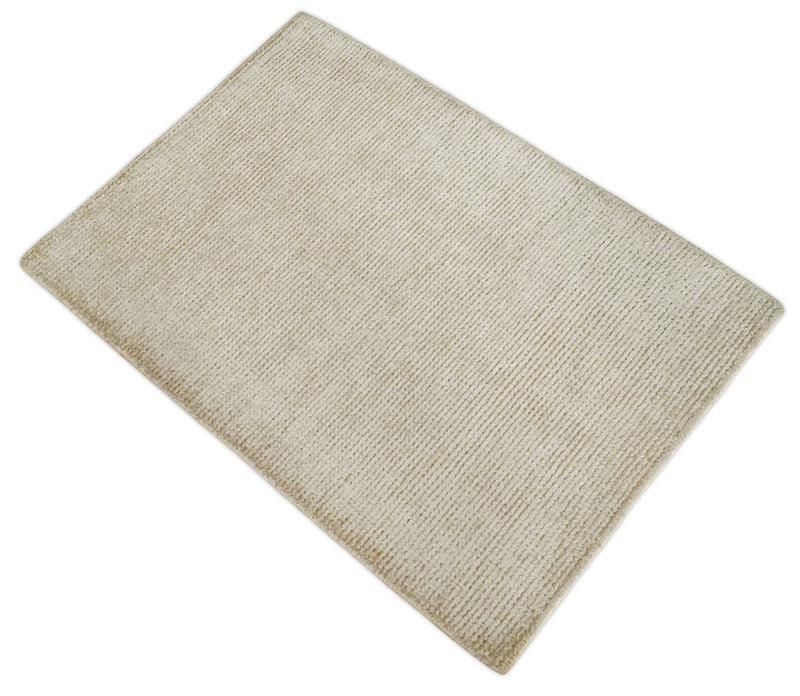 2x3 Hand Knotted Solid Beige Rug, Low Pile, No Shedding | N6023