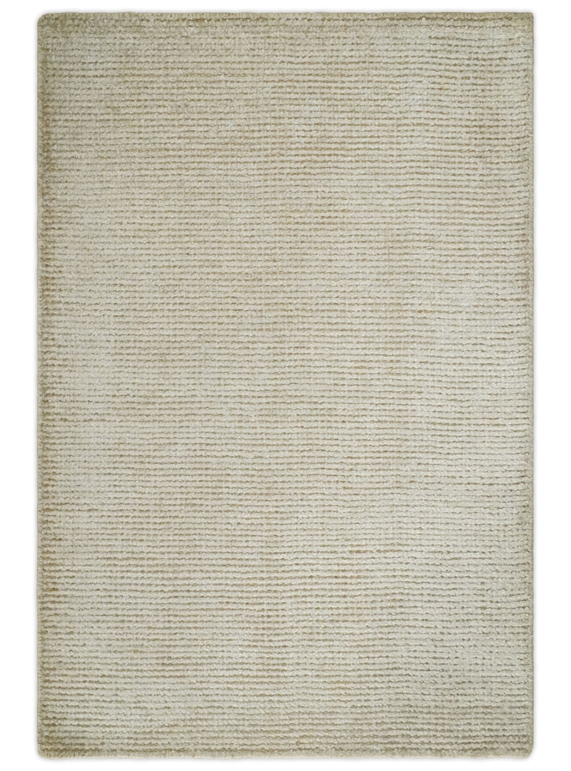 2x3 Hand Knotted Solid Beige Rug, Low Pile, No Shedding | N6023