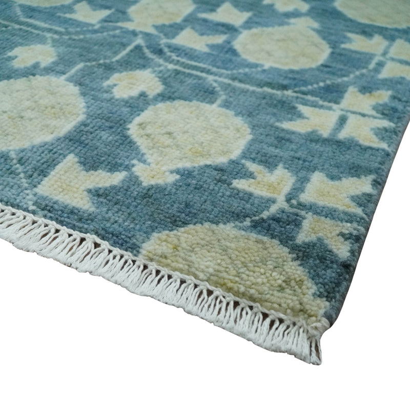 2x3 Hand Knotted Teal and Beige Balloon shape Oushak Wool Area Rug