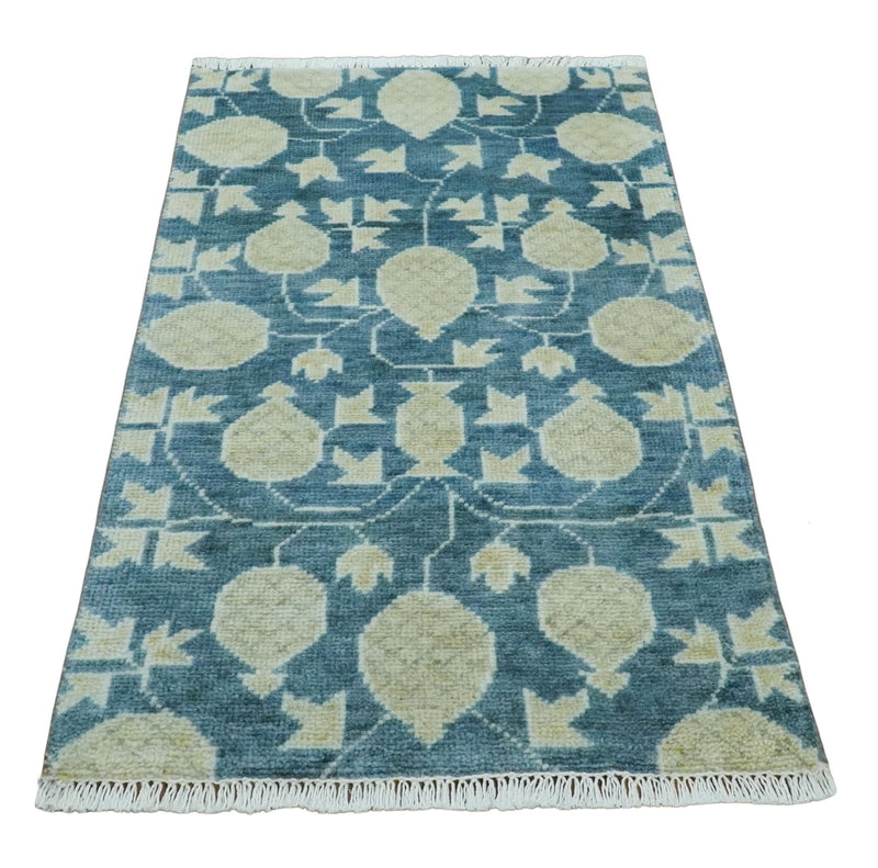 2x3 Hand Knotted Teal and Beige Balloon shape Oushak Wool Area Rug