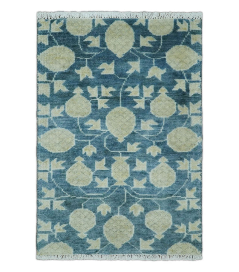 2x3 Hand Knotted Teal and Beige Balloon shape Oushak Wool Area Rug