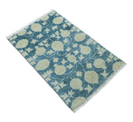 2x3 Hand Knotted Teal and Beige Balloon shape Oushak Wool Area Rug