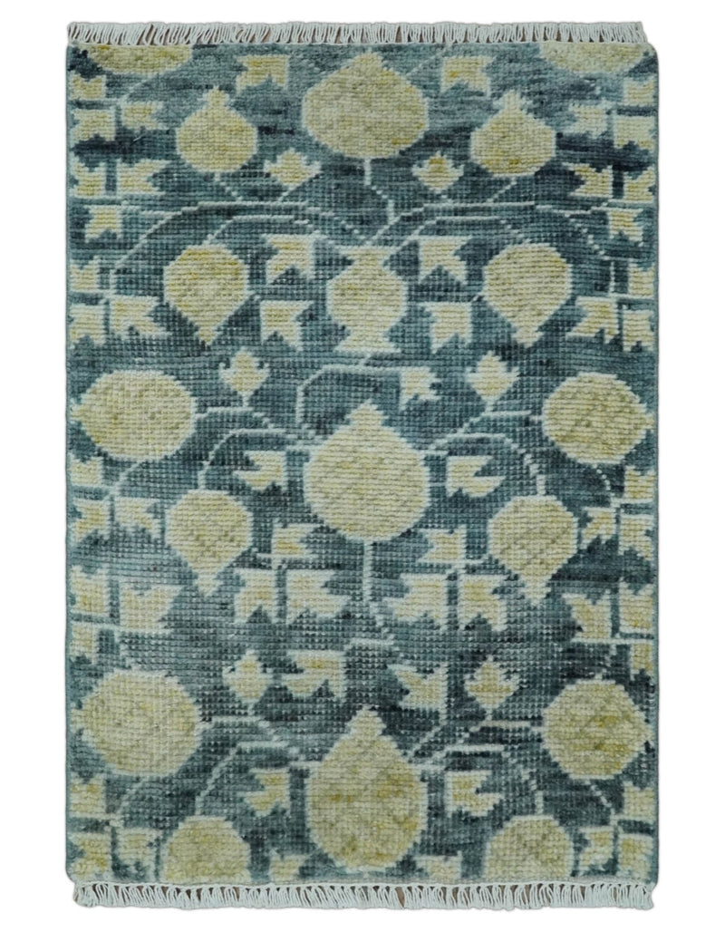 2x3 Hand Knotted Teal Blue and Beige shape Oushak Wool Rug, Entryway Rug | TRDCP122723