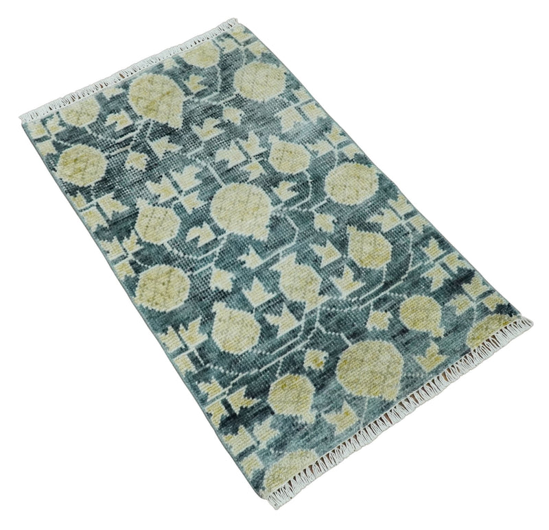 2x3 Hand Knotted Teal Blue and Beige shape Oushak Wool Rug, Entryway Rug | TRDCP122723