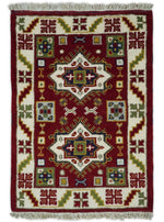 2x3 Hand Knotted traditional Kazak Red and Ivory Armenian Tribal Entryway Rug | KZA11