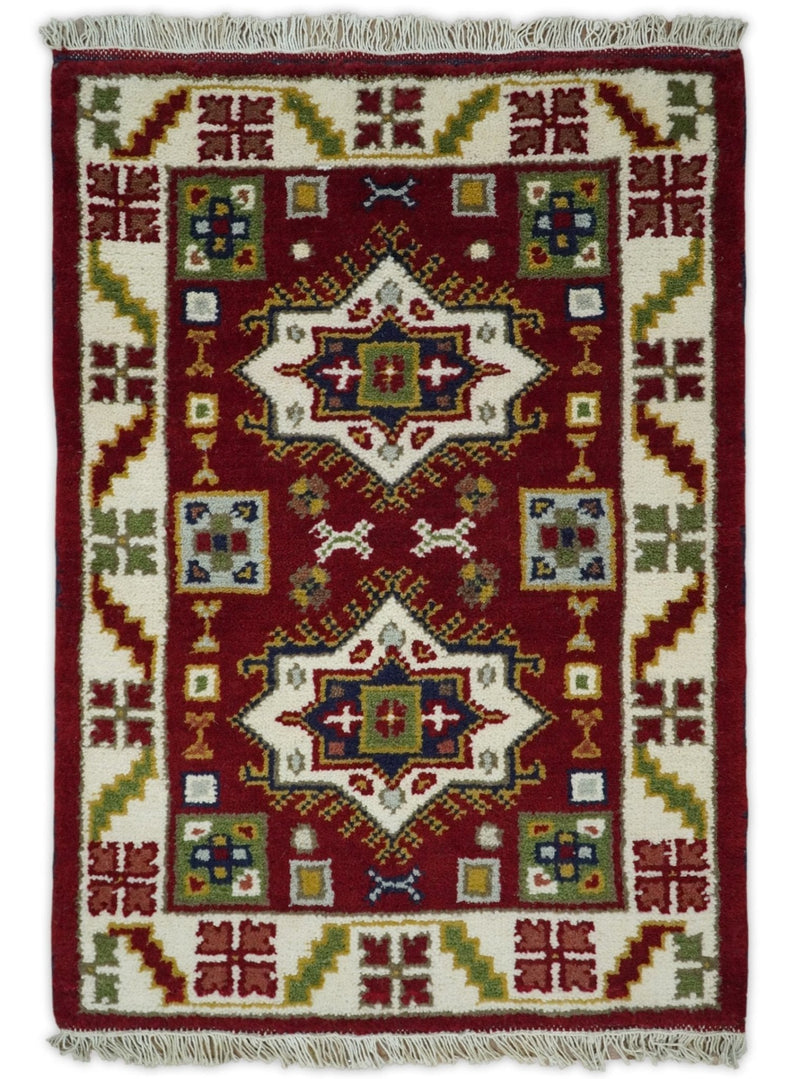 2x3 Hand Knotted traditional Kazak Red and Ivory Armenian Tribal Entryway Rug | KZA11