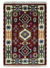2x3 Hand Knotted traditional Kazak Rust and Blue Doormat Rug | KZA25