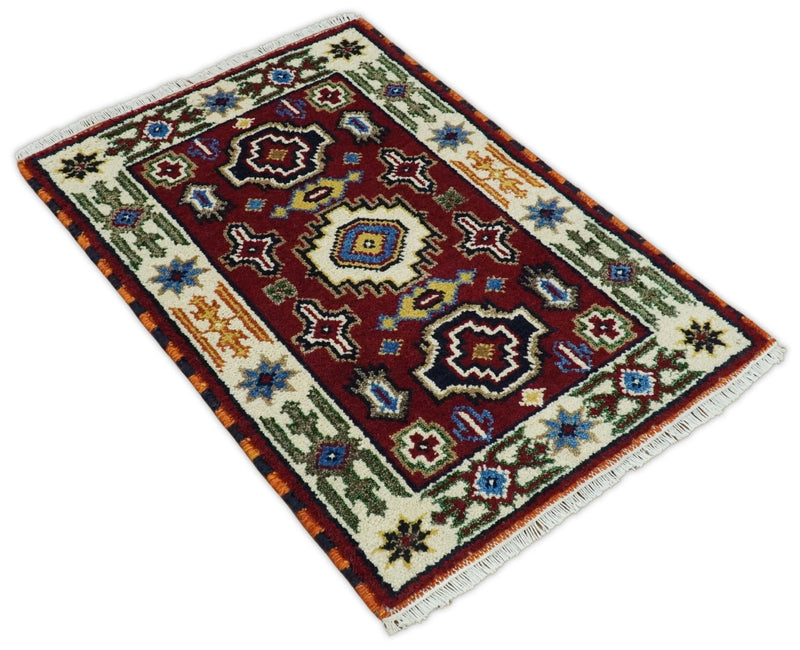 2x3 Hand Knotted traditional Kazak Rust and Blue Doormat Rug | KZA25