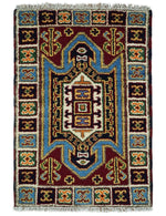 2x3 Hand Knotted traditional Kazak Rust and Blue Small Kitchen, Doormat Rug | KZA26