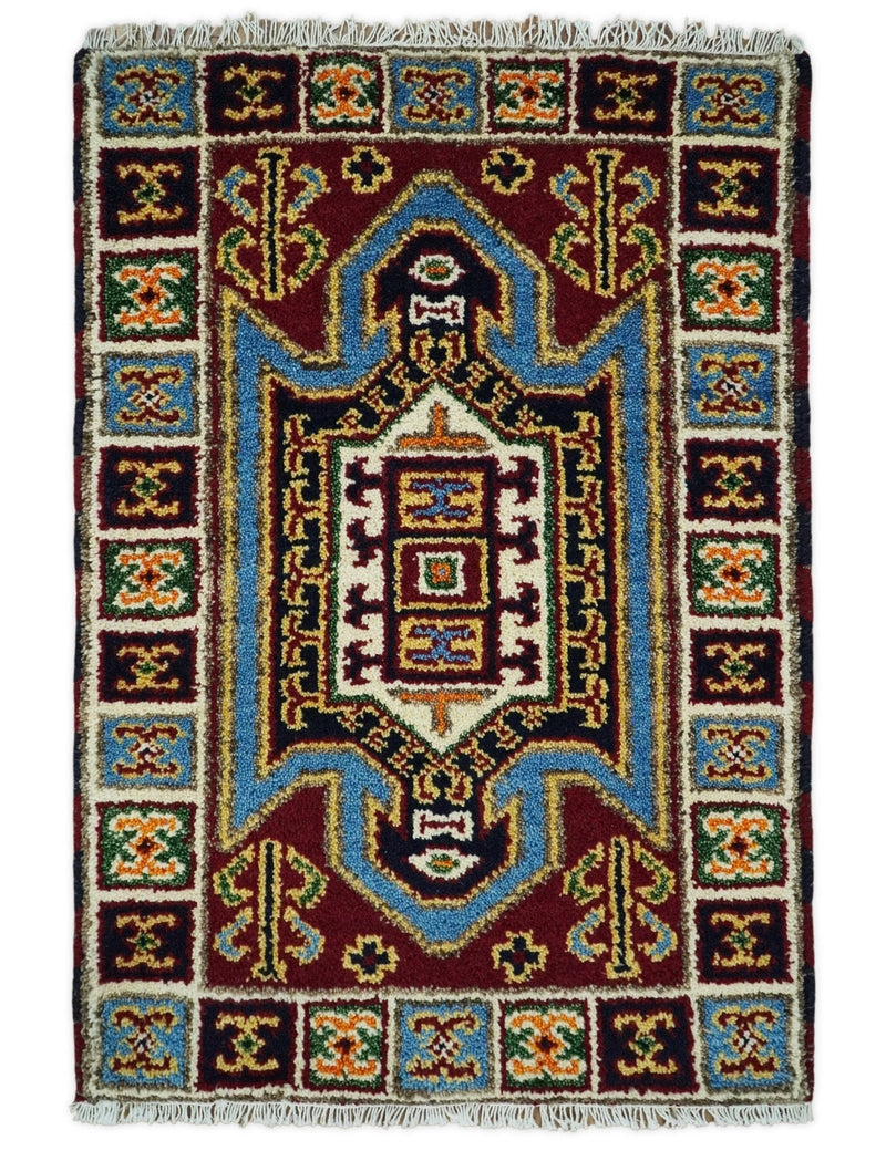 2x3 Hand Knotted traditional Kazak Rust and Blue Small Kitchen, Doormat Rug | KZA26