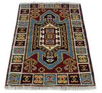 2x3 Hand Knotted traditional Kazak Rust and Blue Small Kitchen, Doormat Rug | KZA26