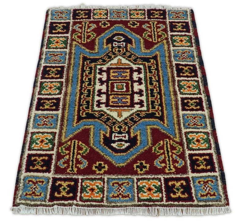 2x3 Hand Knotted traditional Kazak Rust and Blue Small Kitchen, Doormat Rug | KZA26