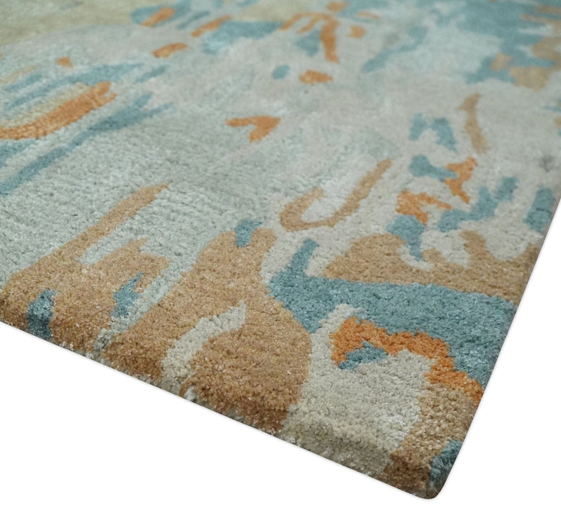 2x3 Handmade Abstract Design Silver, Beige, Teal and Rust made with fine wool Area Rug | TRDCP126423