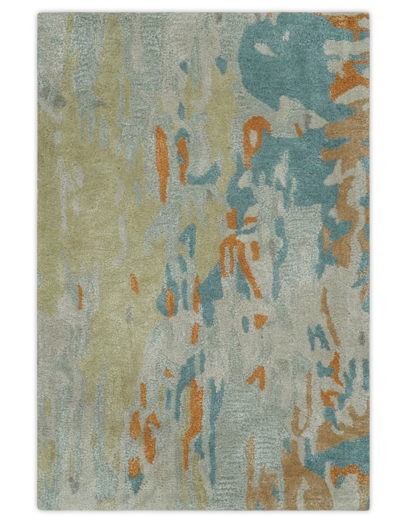 2x3 Handmade Abstract Design Silver, Beige, Teal and Rust made with fine wool Area Rug | TRDCP126423