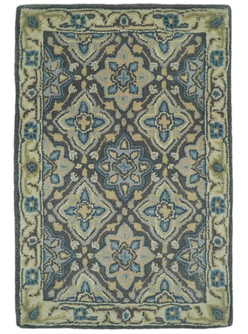 2x3 Handmade Persian Design Blue and Beige made with wool Area Rug | TRDCP15823