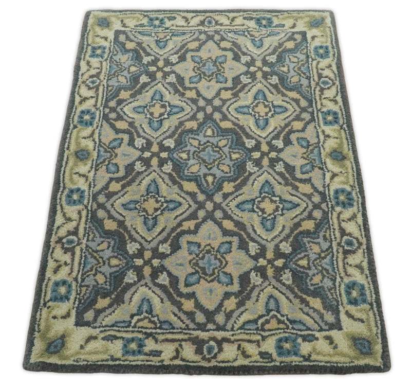 2x3 Handmade Persian Design Blue and Beige made with wool Area Rug | TRDCP15823