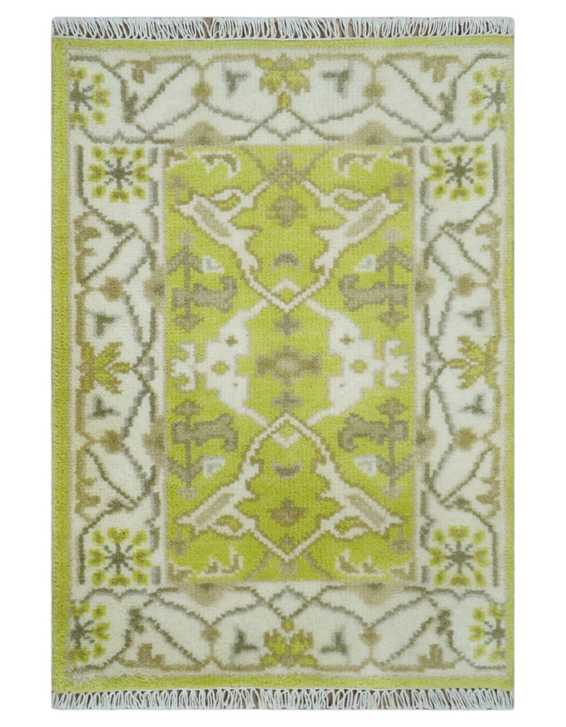 2x3 Iight Green and Ivory Hand Knotted Oriental Oushak  Wool Area Rug, Kids, Living Room and Bedroom Rug