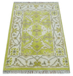 2x3 Iight Green and Ivory Hand Knotted Oriental Oushak  Wool Area Rug, Kids, Living Room and Bedroom Rug