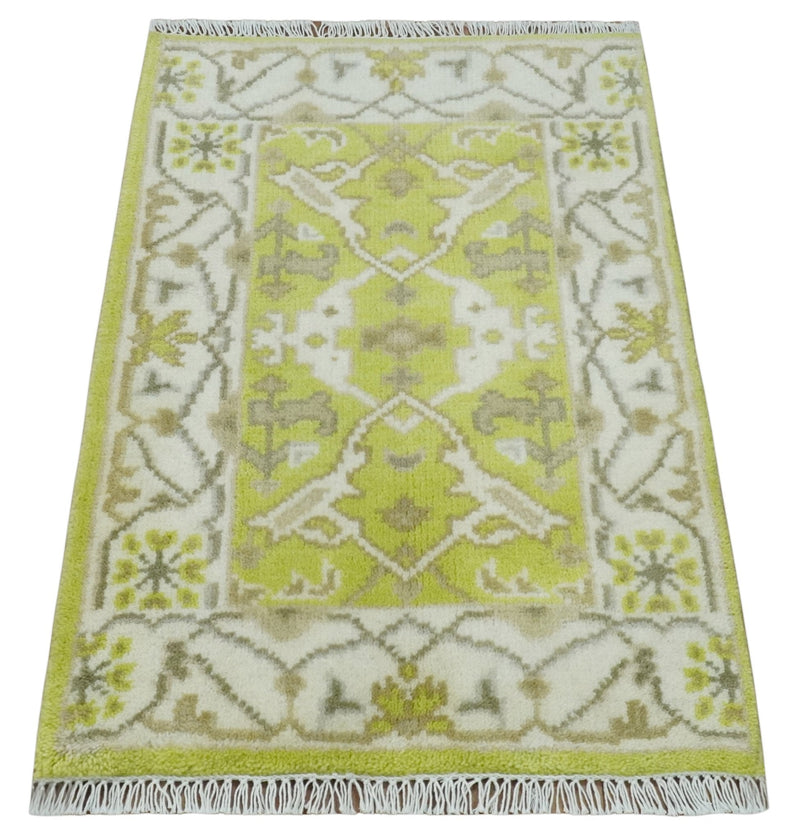 2x3 Iight Green and Ivory Hand Knotted Oriental Oushak Wool Area Rug, –