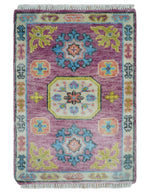 2x3 Ivory and Purple Hand Knotted Heriz Traditional vintage colorful Wool Rug