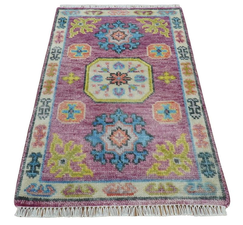 2x3 Ivory and Purple Hand Knotted Heriz Traditional vintage colorful Wool Rug