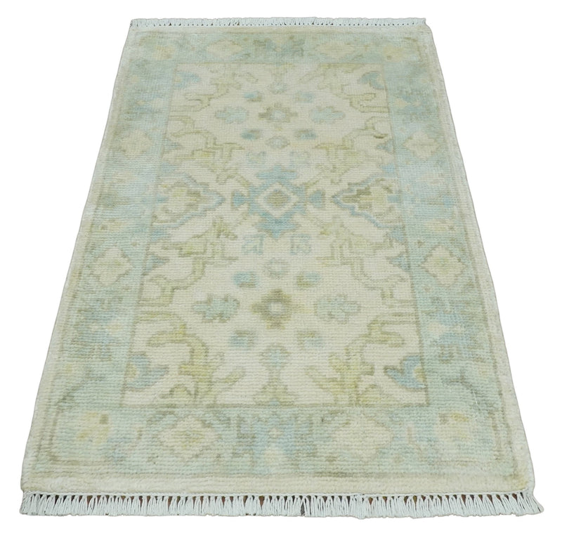 2x3 Ivory, Beige and Aqua Hand Knotted Heriz Traditional Wool Area Rug