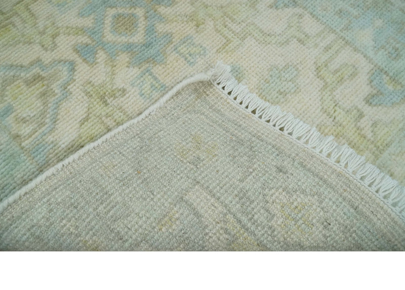 2x3 Ivory, Beige and Aqua Hand Knotted Heriz Traditional Wool Area Rug