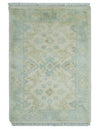 2x3 Ivory, Beige and Aqua Hand Knotted Heriz Traditional Wool Area Rug