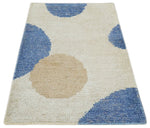 2x3 Ivory, Beige and Blue Wool Hand Knotted Modern Polka Dots Kids Rug | N2523