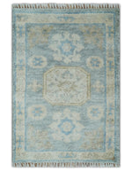 2x3 Ivory, Beige and Silver Hand Knotted Heriz Traditional Design Wool Rug