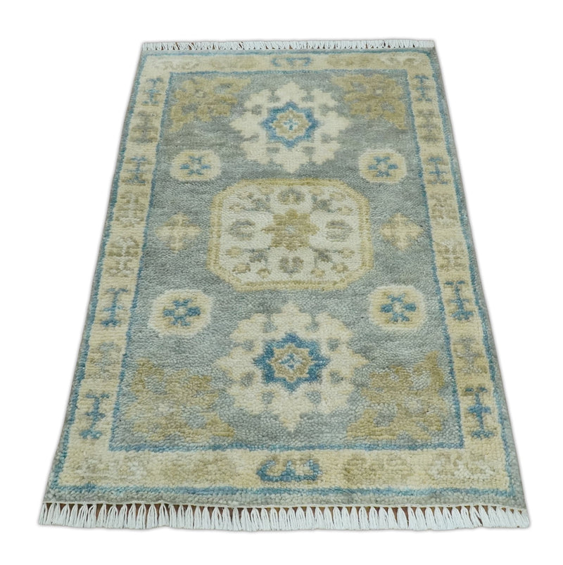 2x3 Ivory, Beige and Silver Hand Knotted Heriz Traditional Design Wool Rug