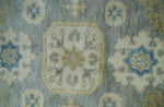 2x3 Ivory, Beige and Silver Hand Knotted Heriz Traditional Design Wool Rug