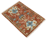 2x3 Ivory, Rust and Blue Hand Knotted Traditional Antique Persian Design Wool Rug | TRDCP79823