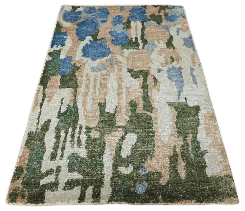 2x3 Modern Abstract Green, Peach, Silver and Blue Rug made with Art Silk| N3723