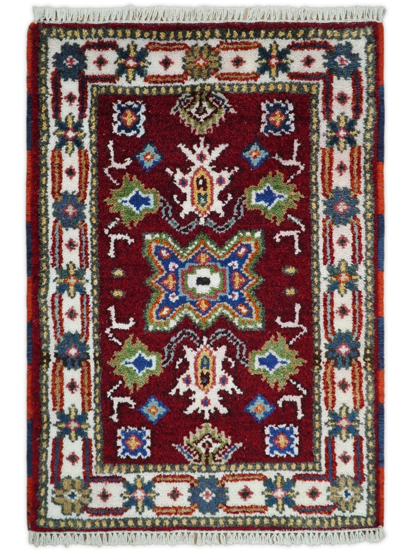 2x3 Red and Ivory Wool Hand Knotted traditional Persian Vintage Antique Southwestern Kazak | TRDCP28623