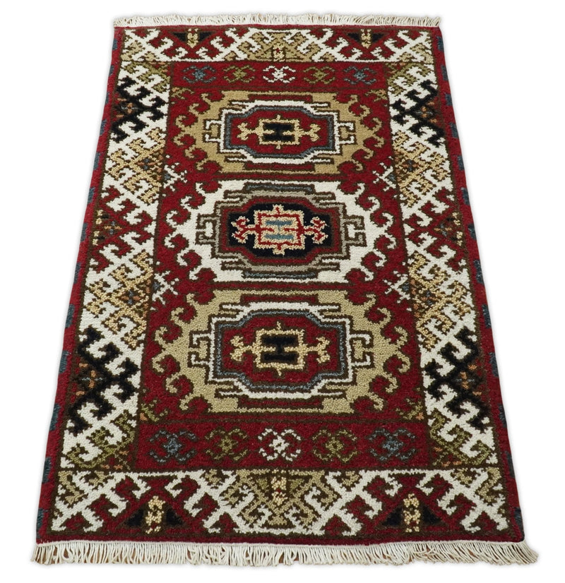 Small 4x3 Handmade Kazak Geometric Rug Caucasian Hand Knotted Handwoven  Woolen