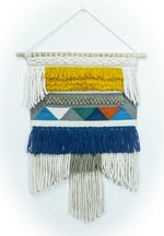 2x3 Wool Hand Woven Blue, White and Gold Boho Wall Hanging | WH2