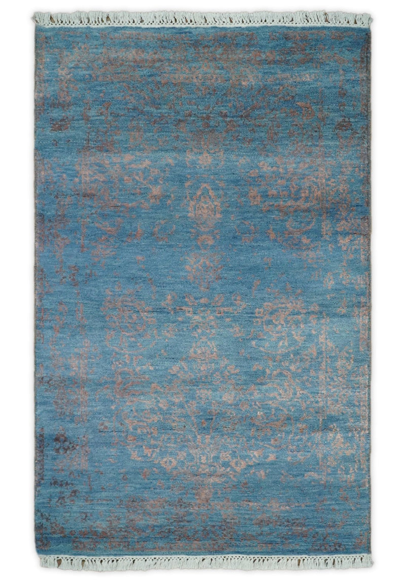 2x4 Fine Hand Knotted Peach and Blue Traditional Vintage Persian Style Antique Wool Rug | AGR25