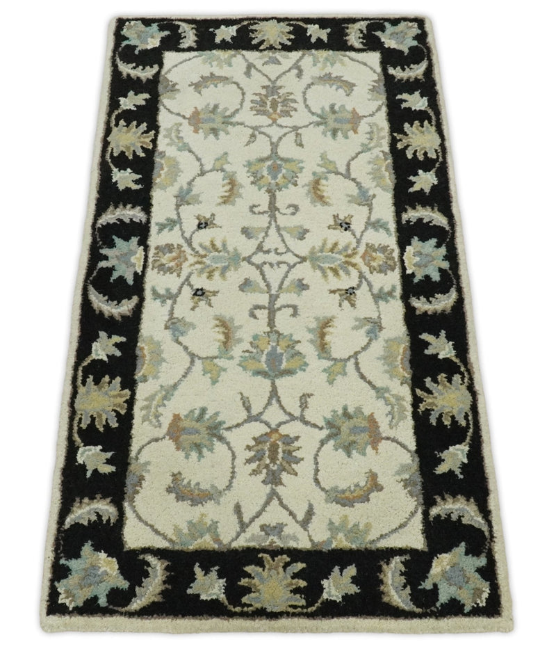2x4 Handmade Persian Design Ivory and Black made with fine wool Area Rug |  TRDCP15624