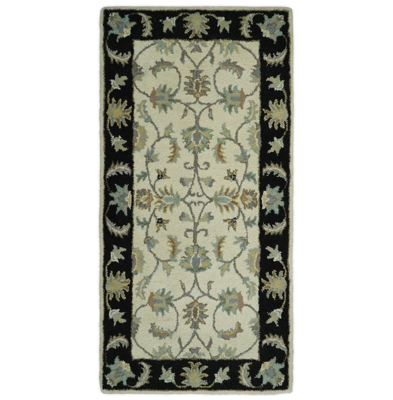 2x4 Handmade Persian Design Ivory and Black made with fine wool Area Rug |  TRDCP15624