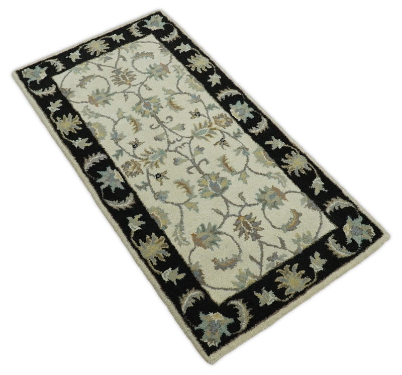 2x4 Handmade Persian Design Ivory and Black made with fine wool Area Rug |  TRDCP15624