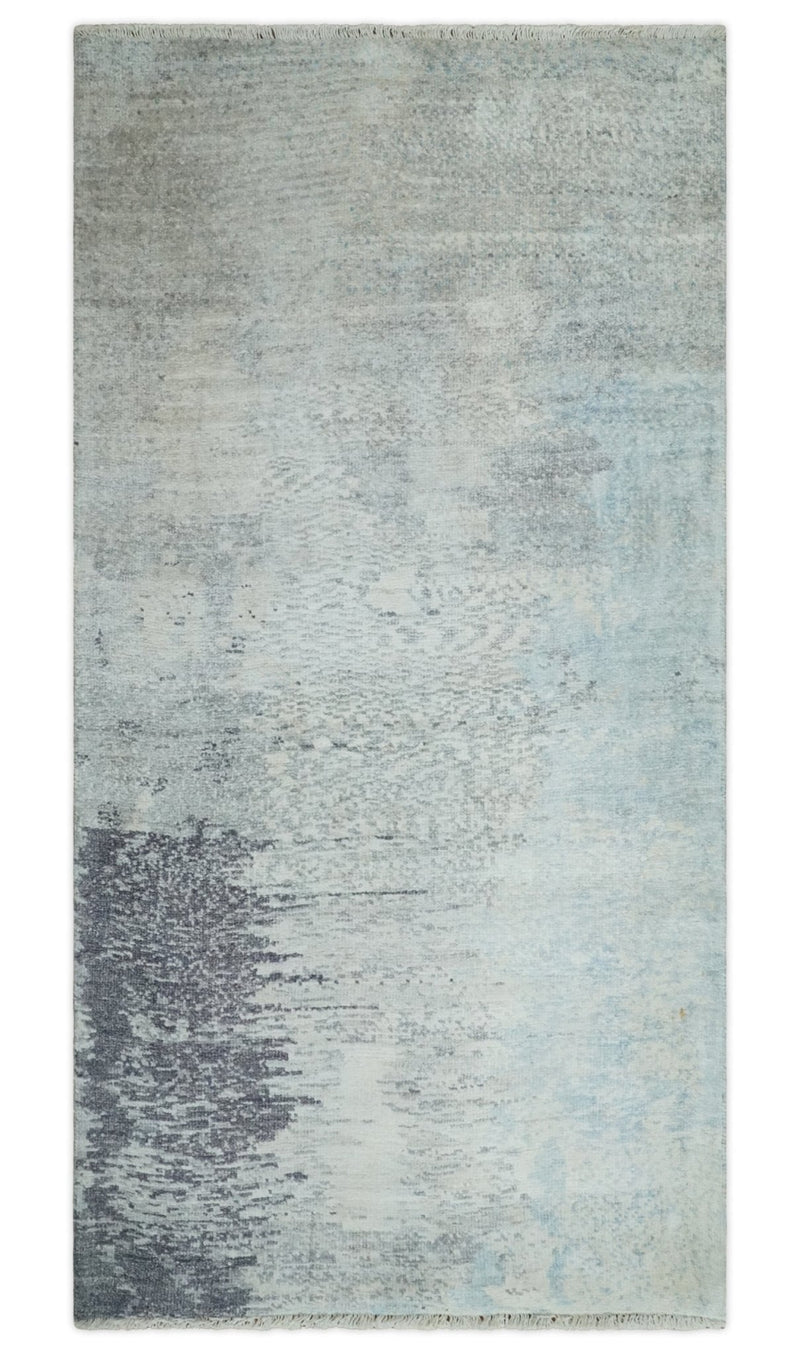 2x4 Modern Abstract Beige, Blue and Charcoal Bamboo Silk Rug| N6724