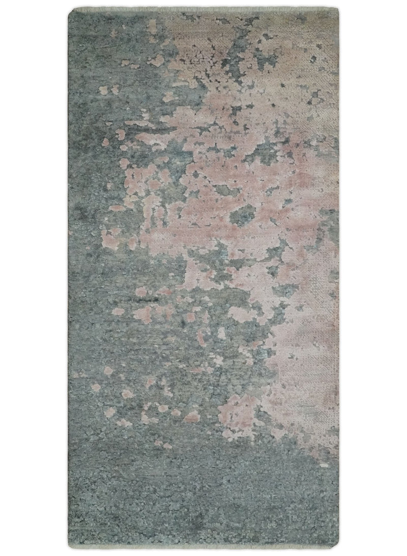 2x4 Modern Abstract Gray and Pink Wool and Silk Hand Knotted Rug| N224