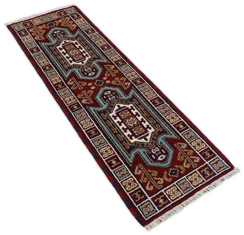 2x6 Runner Hand Knotted traditional Kazak Rust and Blue Armenian Rug | KZA24