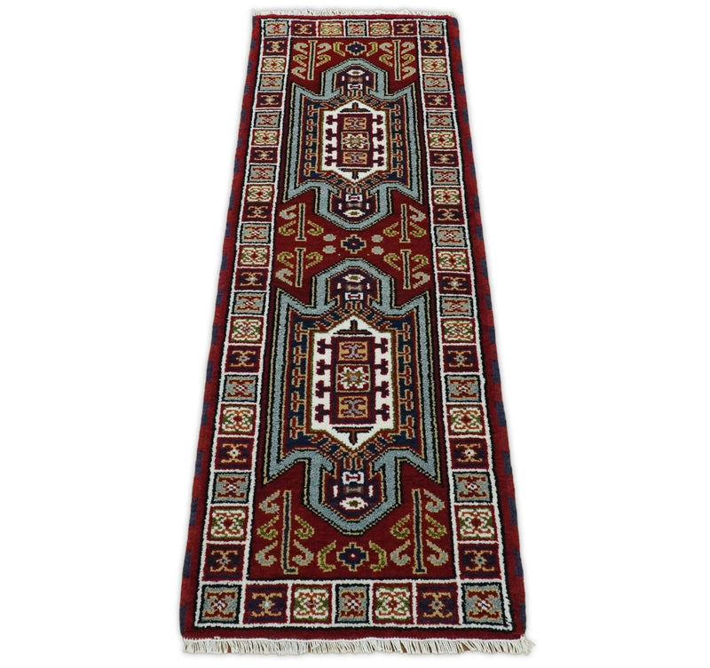 2x6 Runner Hand Knotted traditional Kazak Rust and Blue Armenian Rug | KZA24