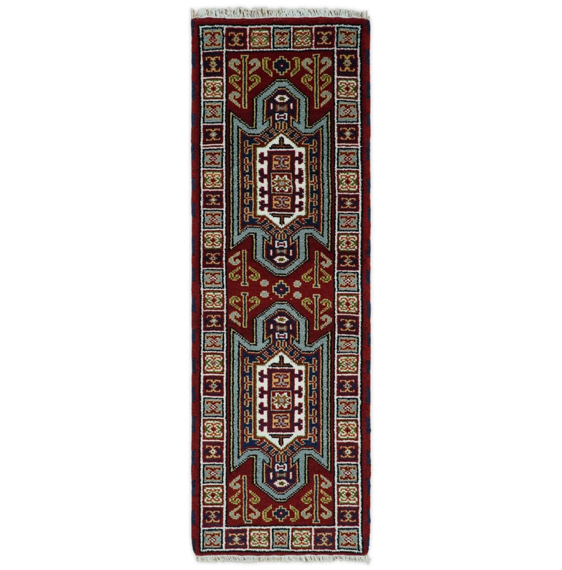 2x6 Runner Hand Knotted traditional Kazak Rust and Blue Armenian Rug | KZA24