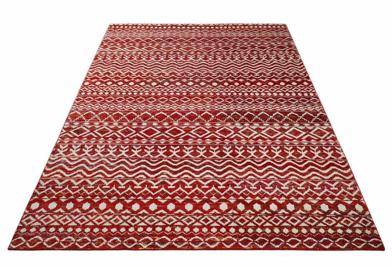 4x6 and 9x12 Hand Knotted Rust and White Modern Contemporary Southwestern Tribal Trellis Recycled Silk Area Rug | OP7